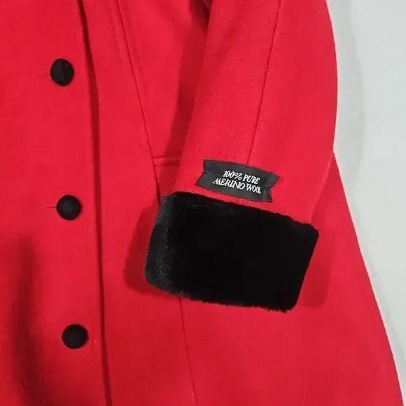 Stephanie Matthews Girls 100% Wool Red Jacket Coat Black Velvet Size 5 Long Hood